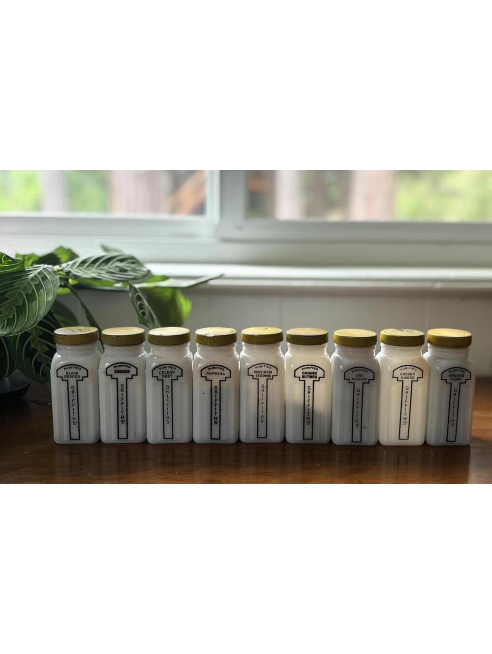 Vintage Griffith’s Milk Glass Spice Jar Set Art Deco Black White Gold Lids 9 Pc